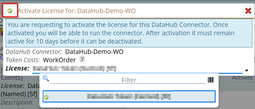 Shows activating a license for a DataHub connector